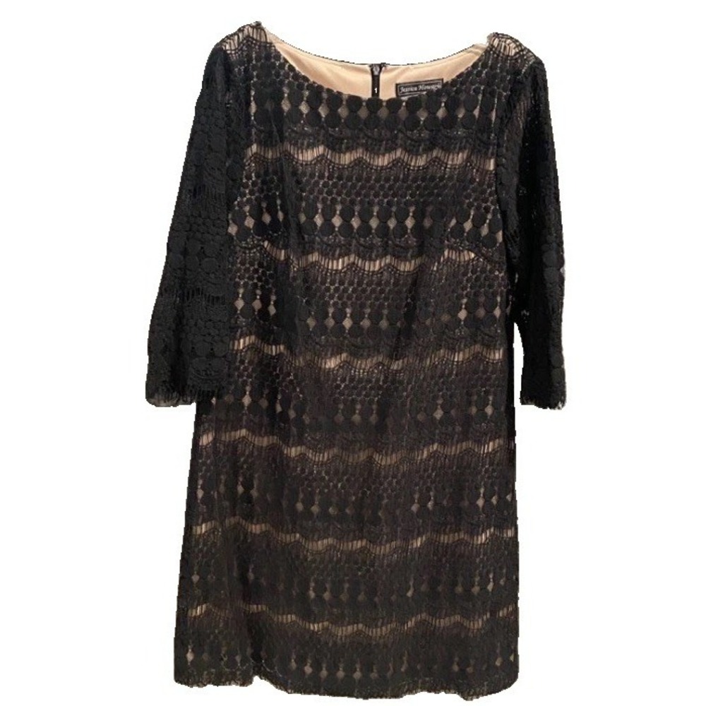 Womens 12 JESSICA HOWARD Sheath Dress Scalloped Black Lace Overlay 3/4 Sleeves